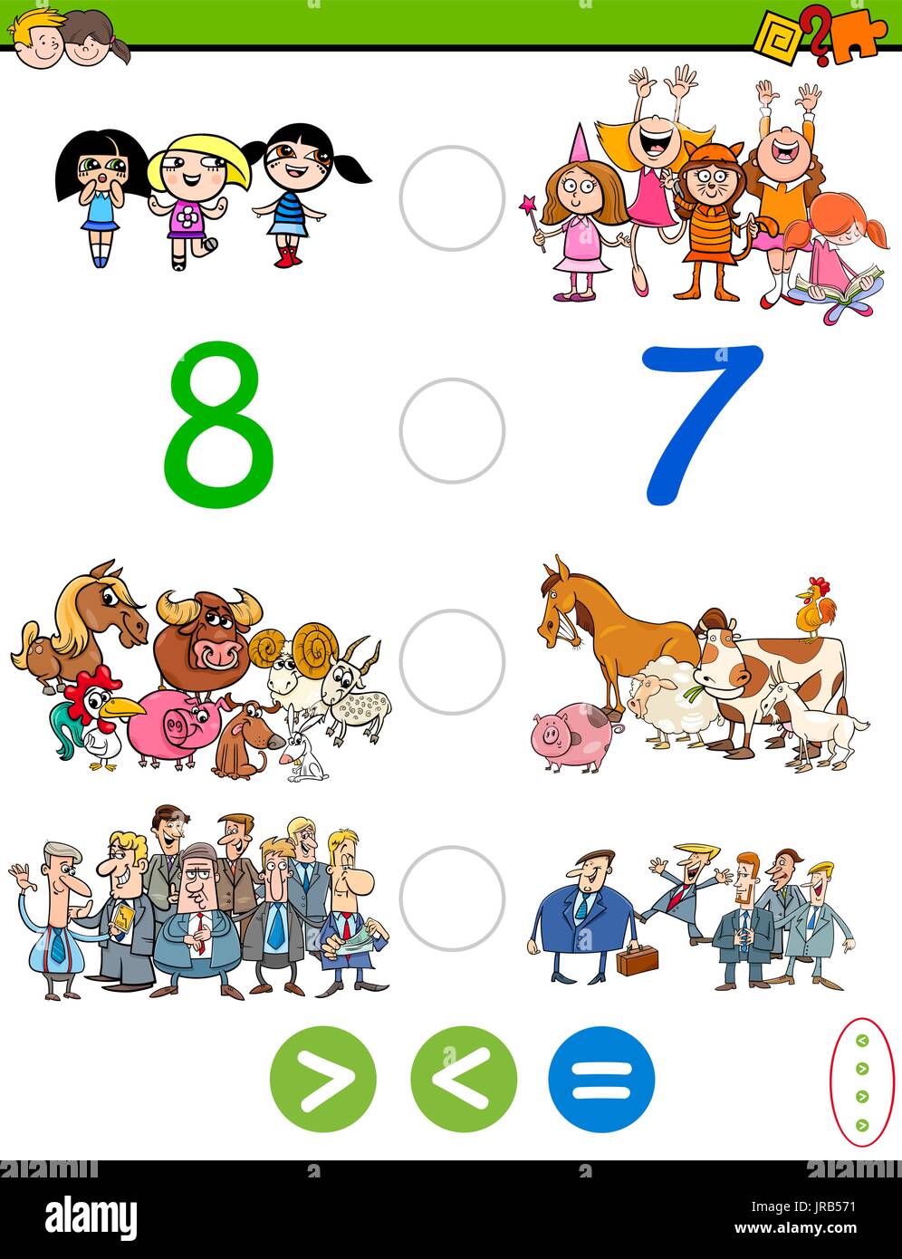 Comic-Illustration von mathematischen Lehrtätigkeit Spiel größer als, kleiner als oder gleich für Kinder mit Tieren und Menschen Zeichen Stock Vektor
