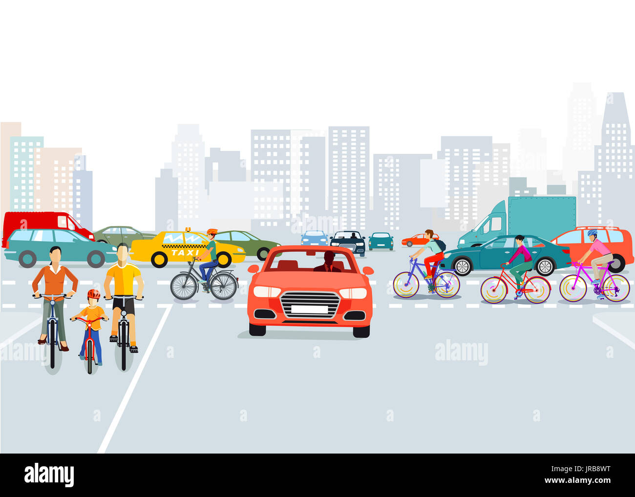 Autos und Radfahrer in der Stadt, Abbildung Stockfoto