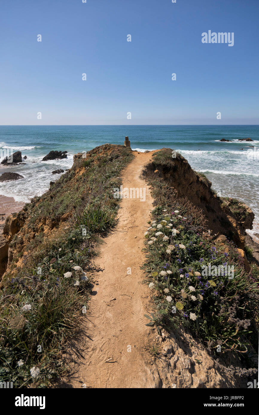 Kleine Weg zu den Klippen von Parque Natural de las Dunas De Liencres (Santander, Kantabrien, Spanien). Stockfoto