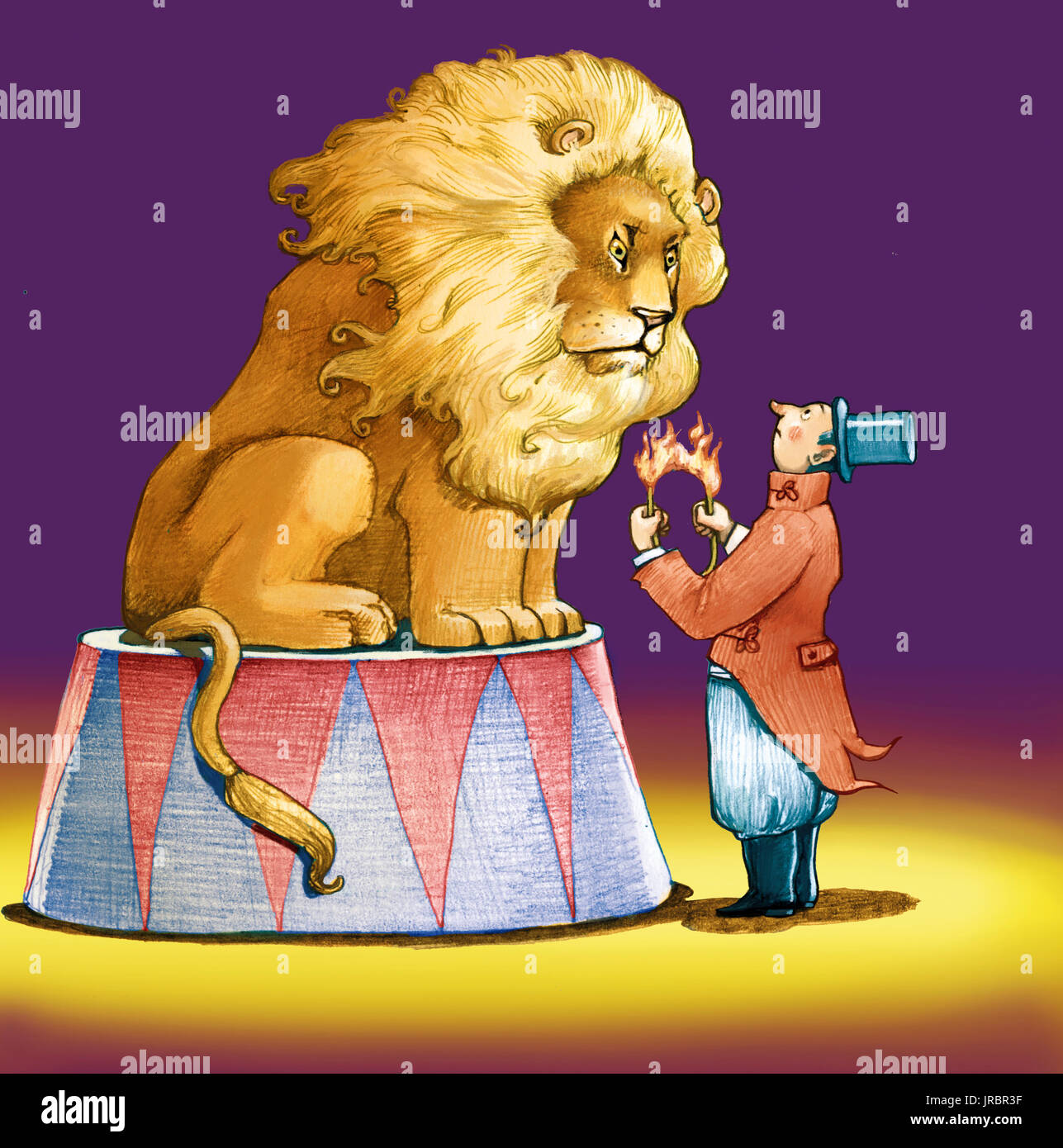 Ein dompteur möchte einen sehr großen Löwen durch ein winziges wütend Kreis weitergeben Stockfoto