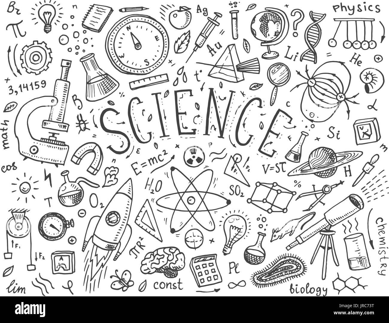 gravierte handgezeichnete im alten Skizze und Vintage-Stil. wissenschaftliche Formeln und Berechnungen in Physik und Mathematik, Chemie und Biologie oder Astronomie am Whiteboard. Bildung und Wissenschaft. Stock Vektor