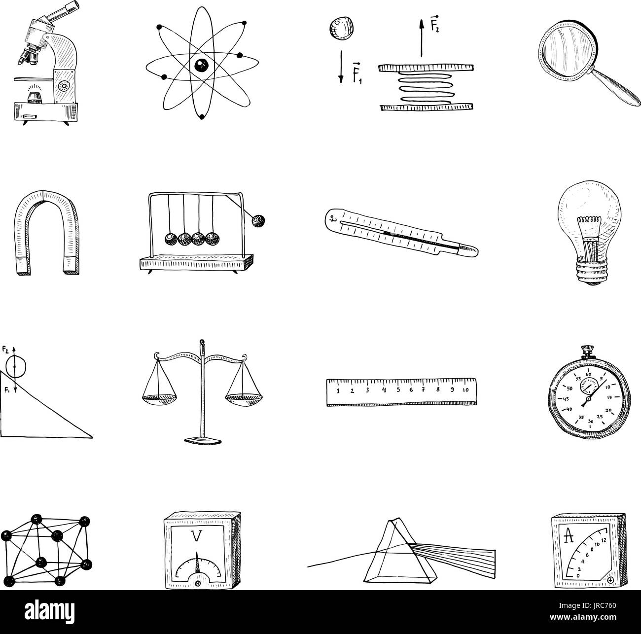 Glühbirne und Prisma, Kristallgitter und Skala mit Lupe. gravierte handgezeichnete in alten Skizze und Vintage-Symbole. Zurück zu Schule Elements of Science Physik und Labor Experimente. Stock Vektor