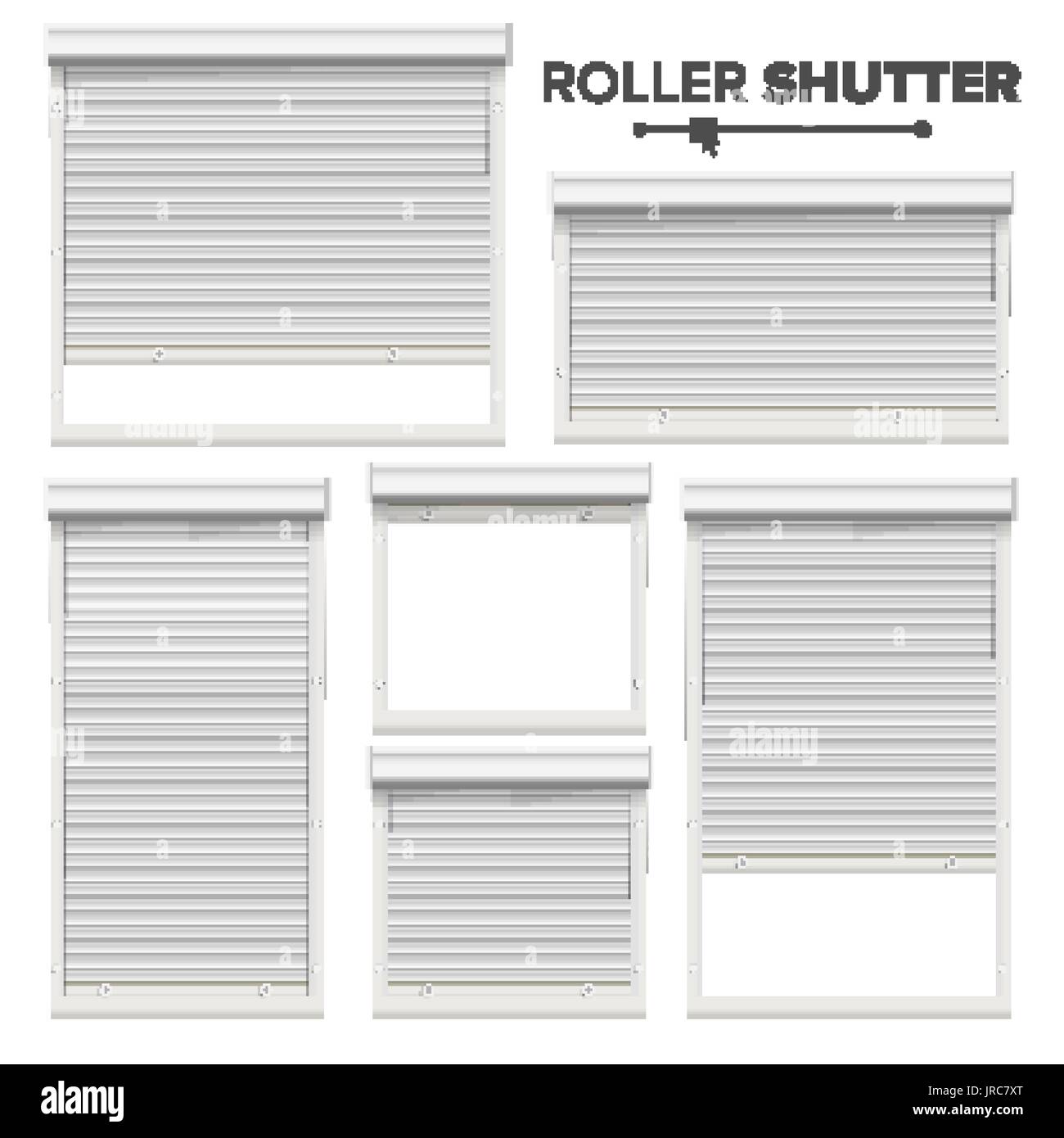 Weiße Rolle Fensterläden Vektor. Fenster, Tür, Garage, Speicher-Rollläden. Geöffnet und geschlossen. Ansicht von vorne. Isoliert Stock Vektor