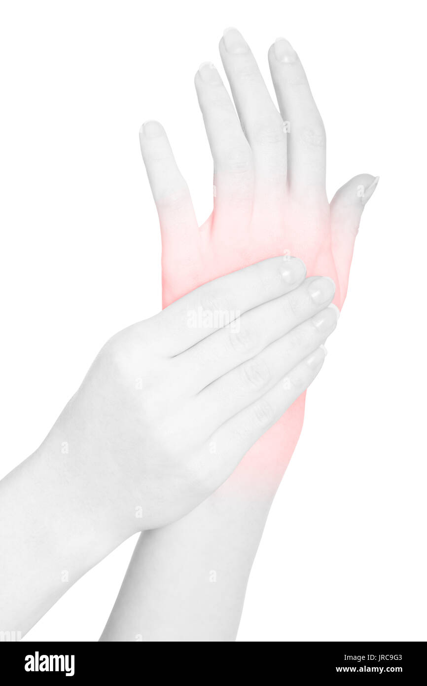 Frau Hand mit der Handfläche und Rückenschmerzen, Rot auf Weiß, Beschneidungspfade isoliert Stockfoto