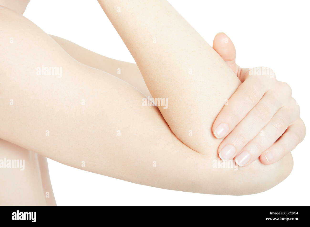 Junge Frau Hand Ellenbogen Schmerzen auf weissem, Beschneidungspfade isoliert Stockfoto