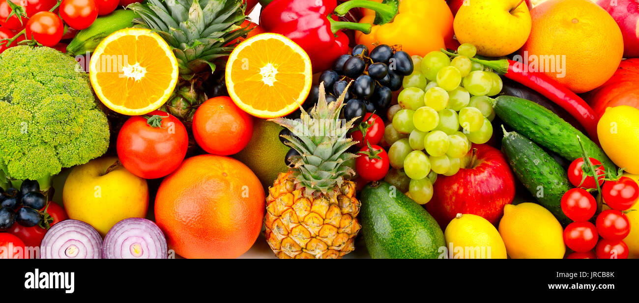 Kollektion frisches Obst und Gemüse isoliert auf weiss Stockfoto