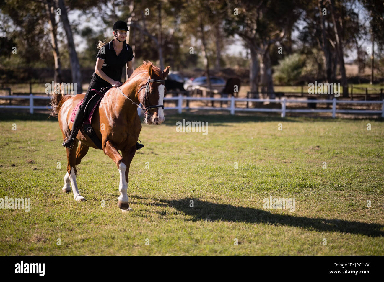 Weibliche jockey Reiten an Equestrian Center Stockfoto