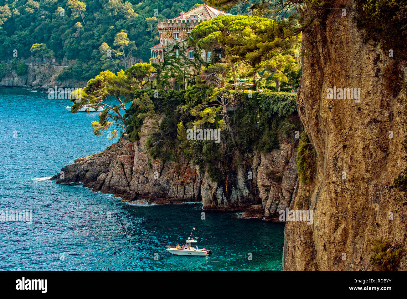 Italien Ligurien Portofino Naturpark Santa Margherita Ligure Blick von Abbazia La Cervara - Blick auf die Küste von Portofino montieren Stockfoto