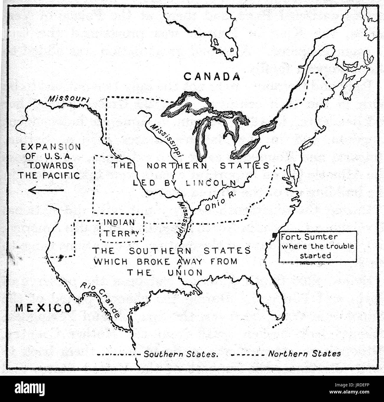 Eine vereinfachte Karte (1926) für Schülerinnen und Schüler erklären den amerikanischen Bürgerkrieg Stockfoto