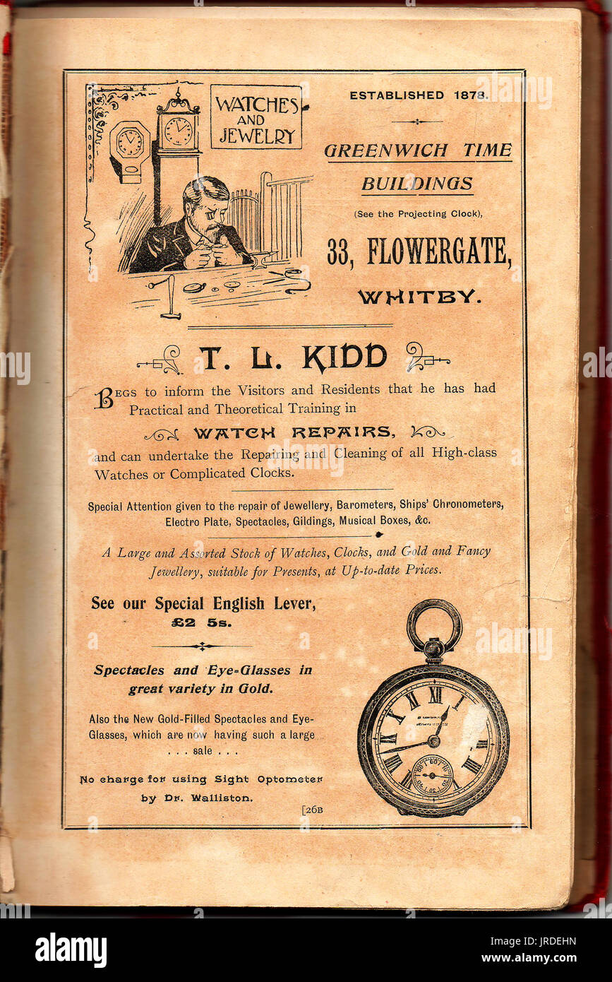 Anzeige und Porträt der Uhr & Uhr Maker T. L. Kidd - Cook es Whitby Branchenbuch 1899 Stockfoto