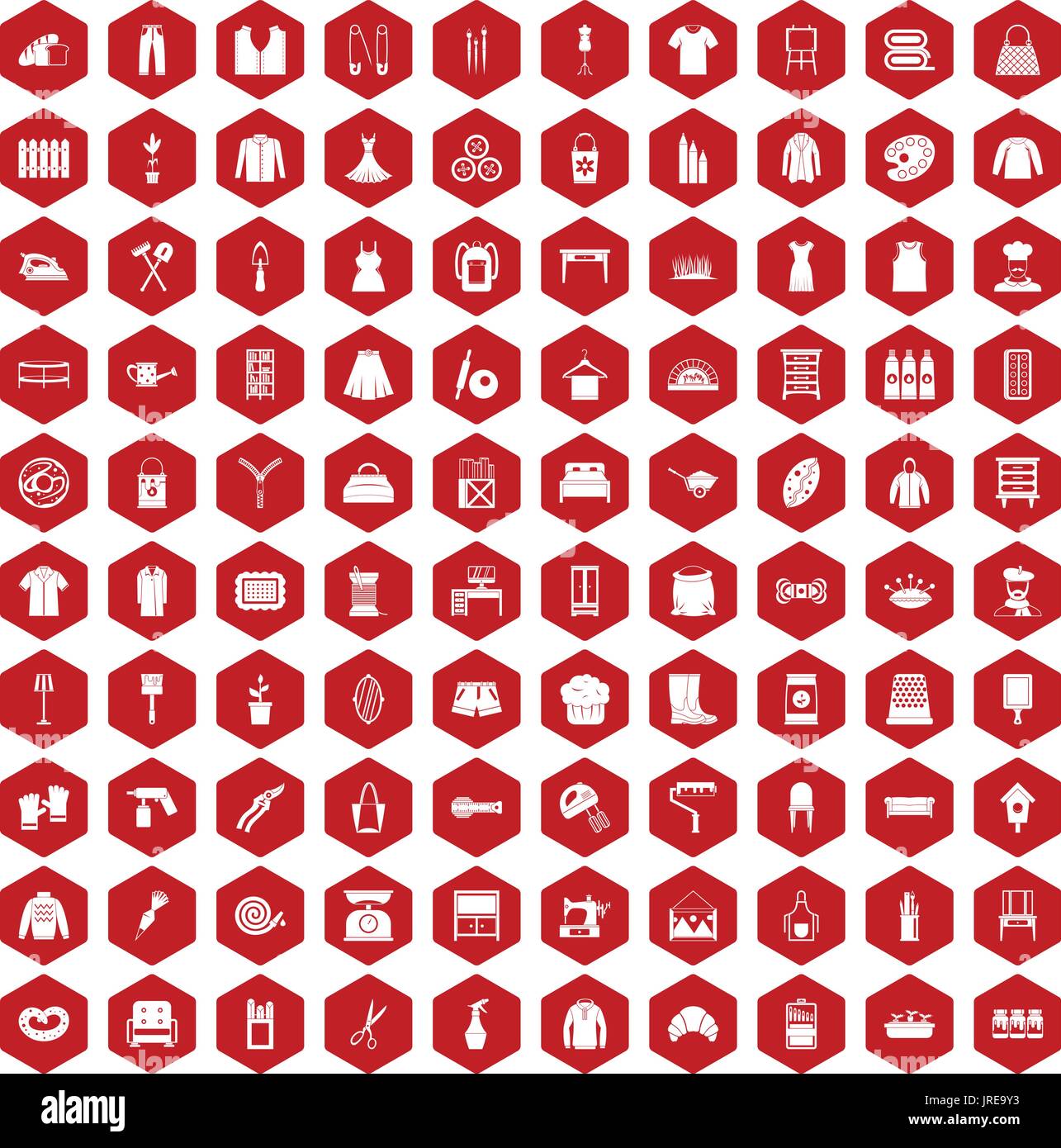 100 Handarbeit Symbole Sechseck rot Stock Vektor