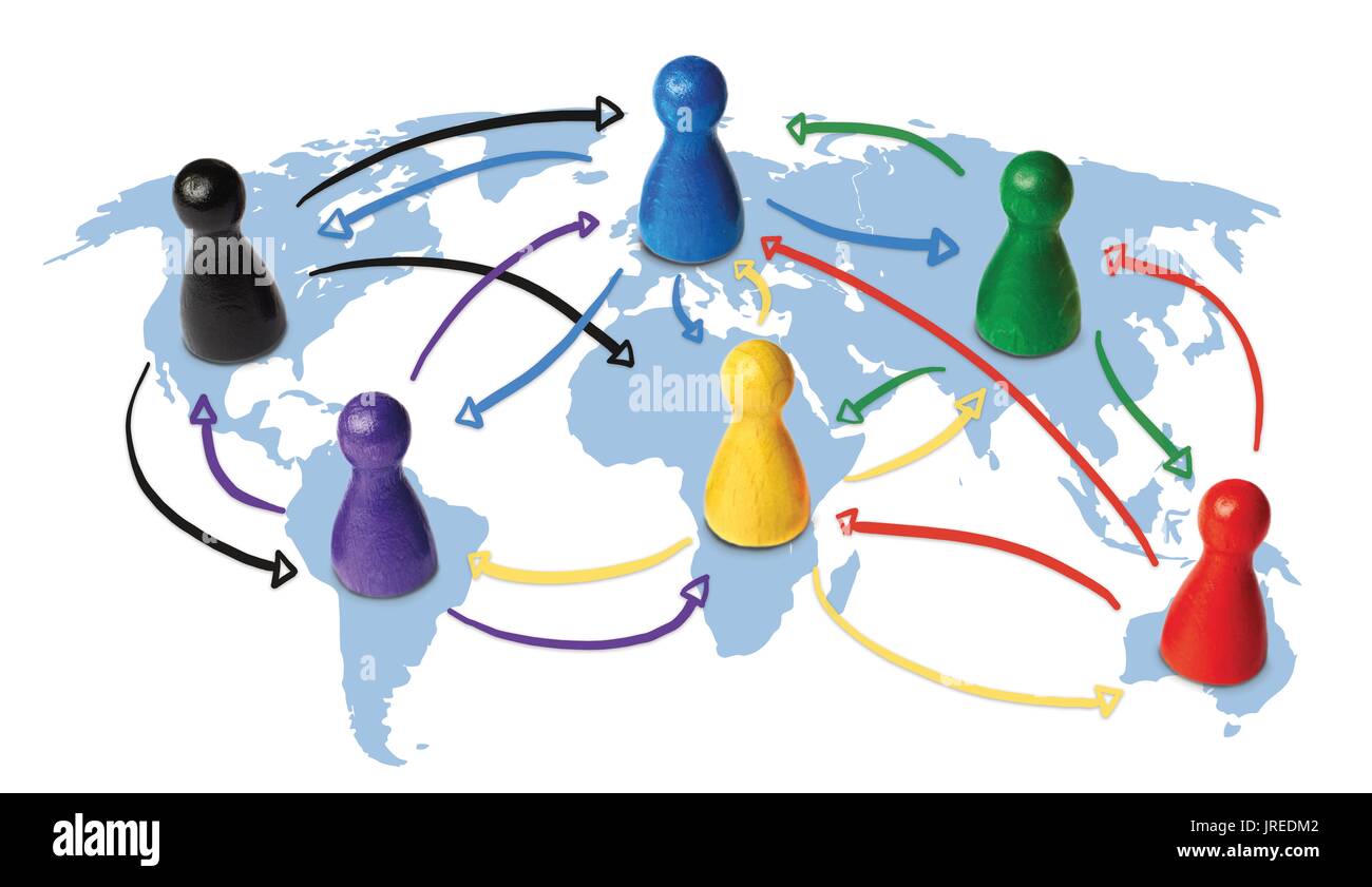 Konzept für Globalisierung, weltweite Vernetzung, Reisen oder globale Verbindung oder Transport. Bunte Figuren mit Pfeilen zu verbinden. Stockfoto