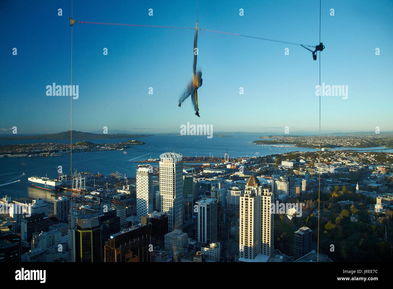 Sky Jumper nicht absinkenden Sky Tower, Auckland, Nordinsel, Neuseeland Stockfoto