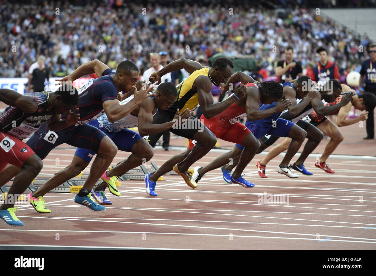 London, Großbritannien. 5. August 2017. Antigua Cejhae Greene, (L-R) Frankreich Jimmy Vicaut (L-R), Großbritanniens Chijindu Ujah, Jamaika Usain Bolt, Bahrains Andrew Fisher, US-Sprinter Christian Coleman, Türkei Emre Zafer und Japans Shuhei Tada in Aktion während der 100m-Halbfinale während der IAAF World Championships in London, Vereinigtes Königreich, 5. August 2017. Foto: Rainer Jensen/Dpa/Alamy Live-Nachrichten Stockfoto