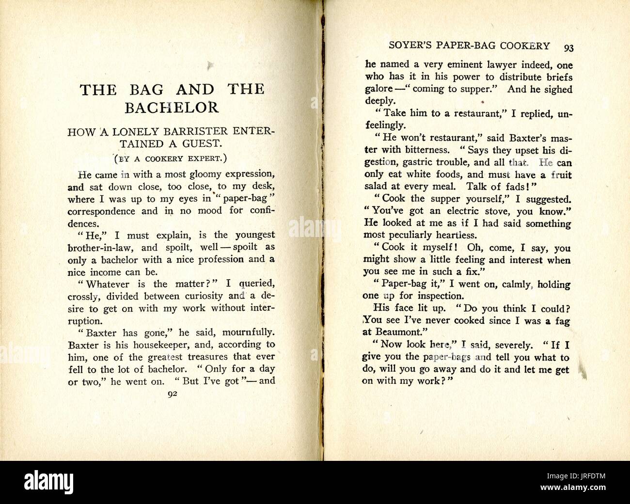Die Tasche und das Bachelor, Auszug aus einem Buch über das Kochen mit Papiertüten, erzählt die Geschichte eines jungen Junggesellen, der lernt Essen in der Tasche, 1900 zu kochen. Stockfoto