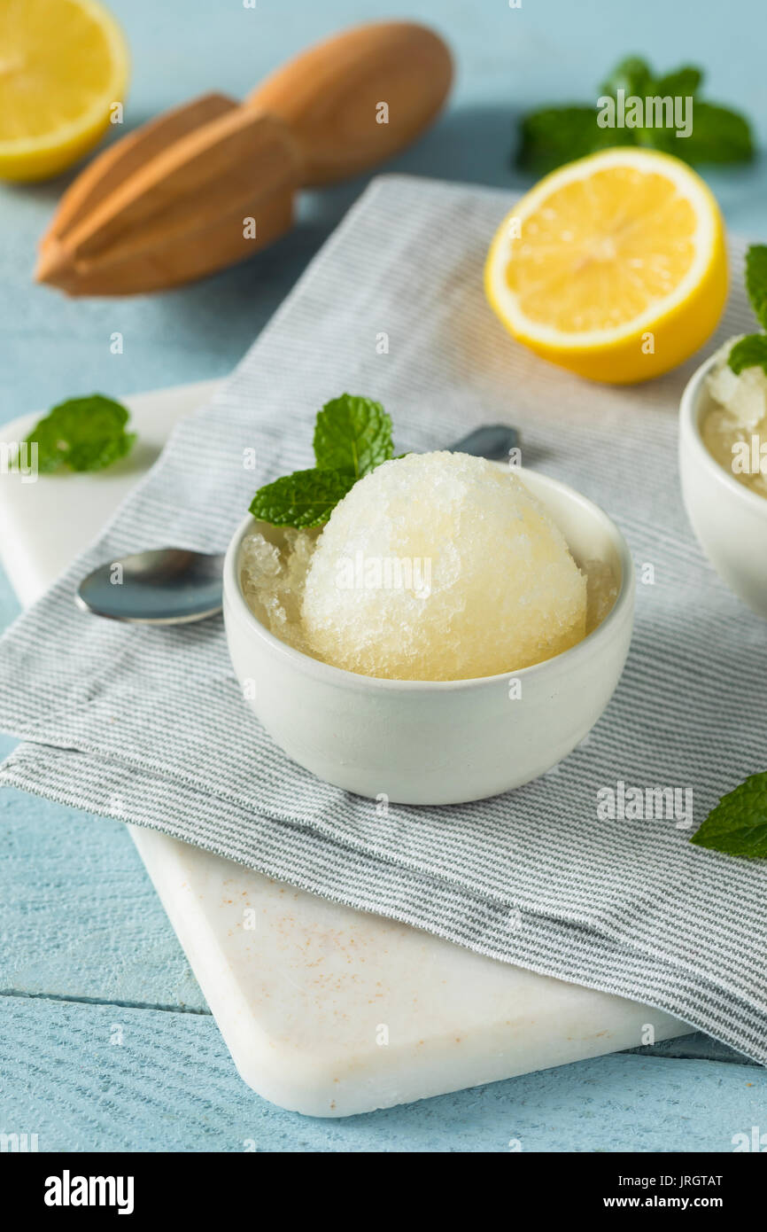 Hausgemachte gelbe Zitrone italienisches Eis in eine Schüssel geben. Stockfoto