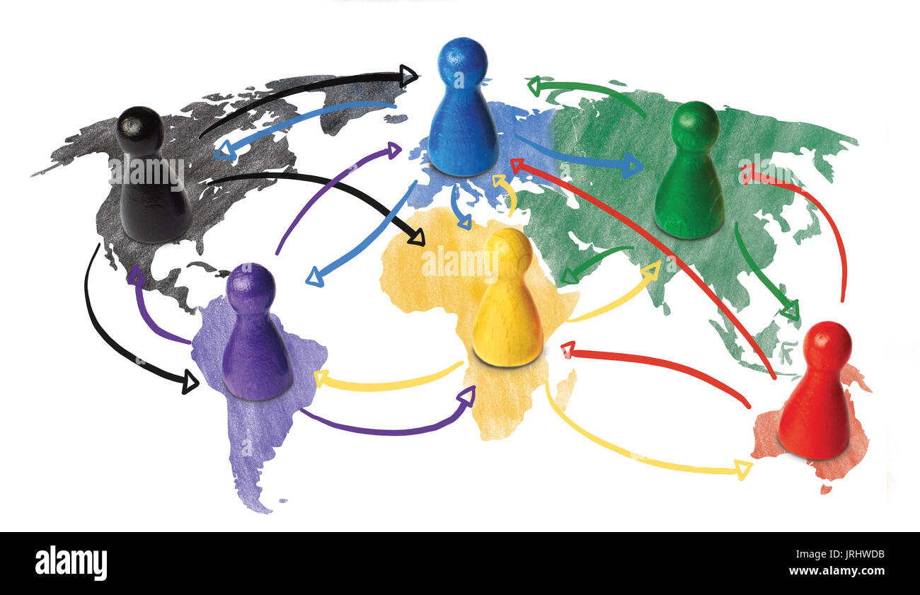 Skizze oder handgezeichneten Konzept für Globalisierung, weltweite Vernetzung, Reisen oder globale Verbindung oder Transport. Bunte Figuren mit Pfeilen zu verbinden. Stockfoto