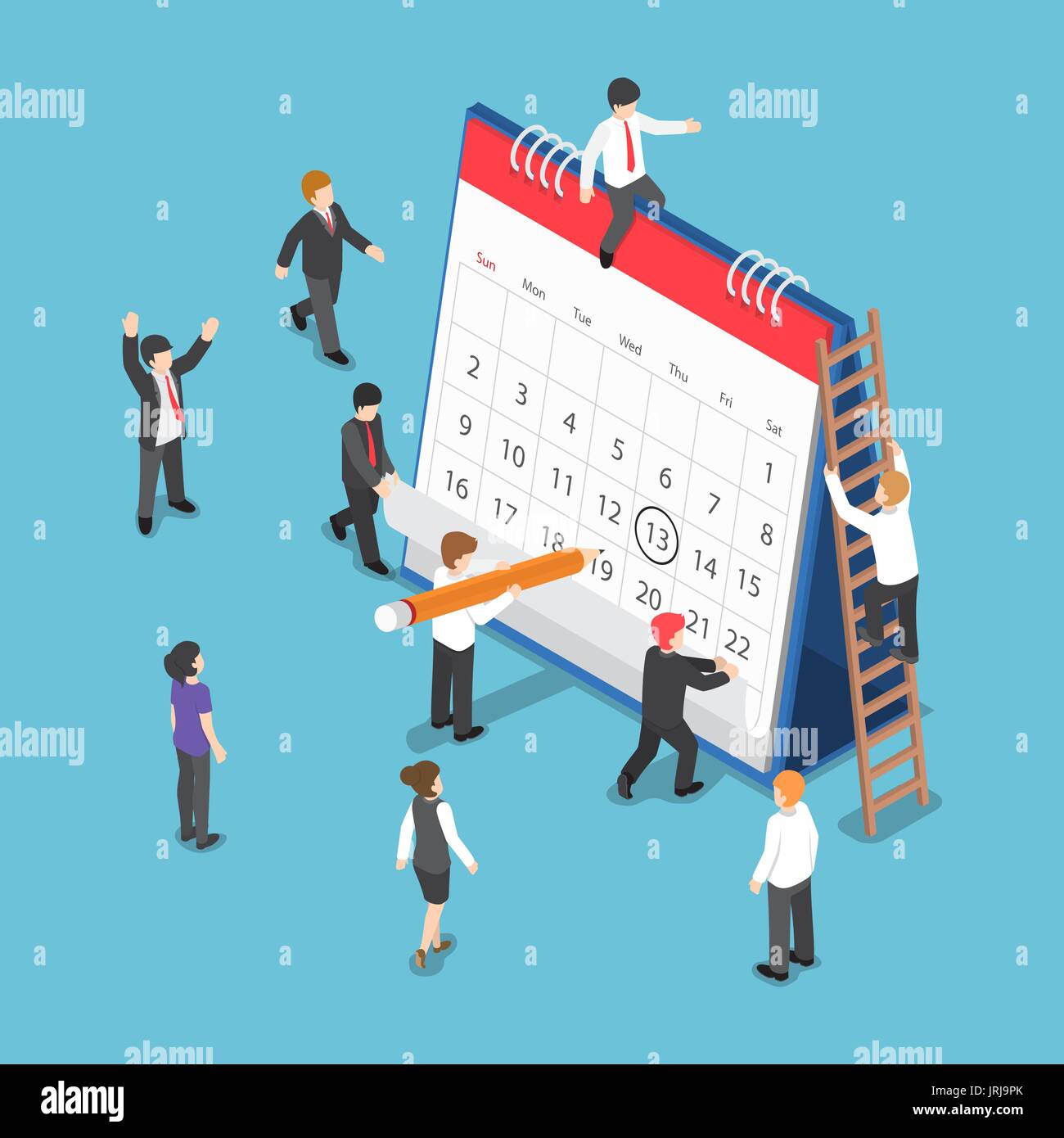 Flache 3d Mark isometrische Geschäftsleute Planung und Terminierung Betrieb durch Zeichnung Kreis auf Tischkalender. Business Operations Planung und Scheduli Stock Vektor