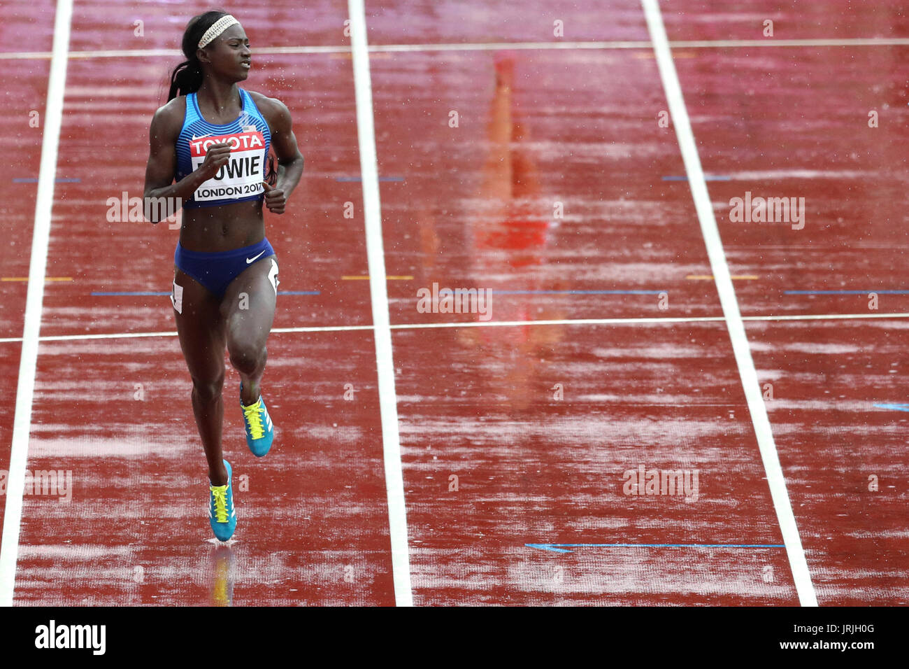 USAS Tori Bowie in Aktion während der Frauen 100m Hitze drei tagsüber zwei der IAAF Weltmeisterschaften 2017 im London Stadium. Stockfoto