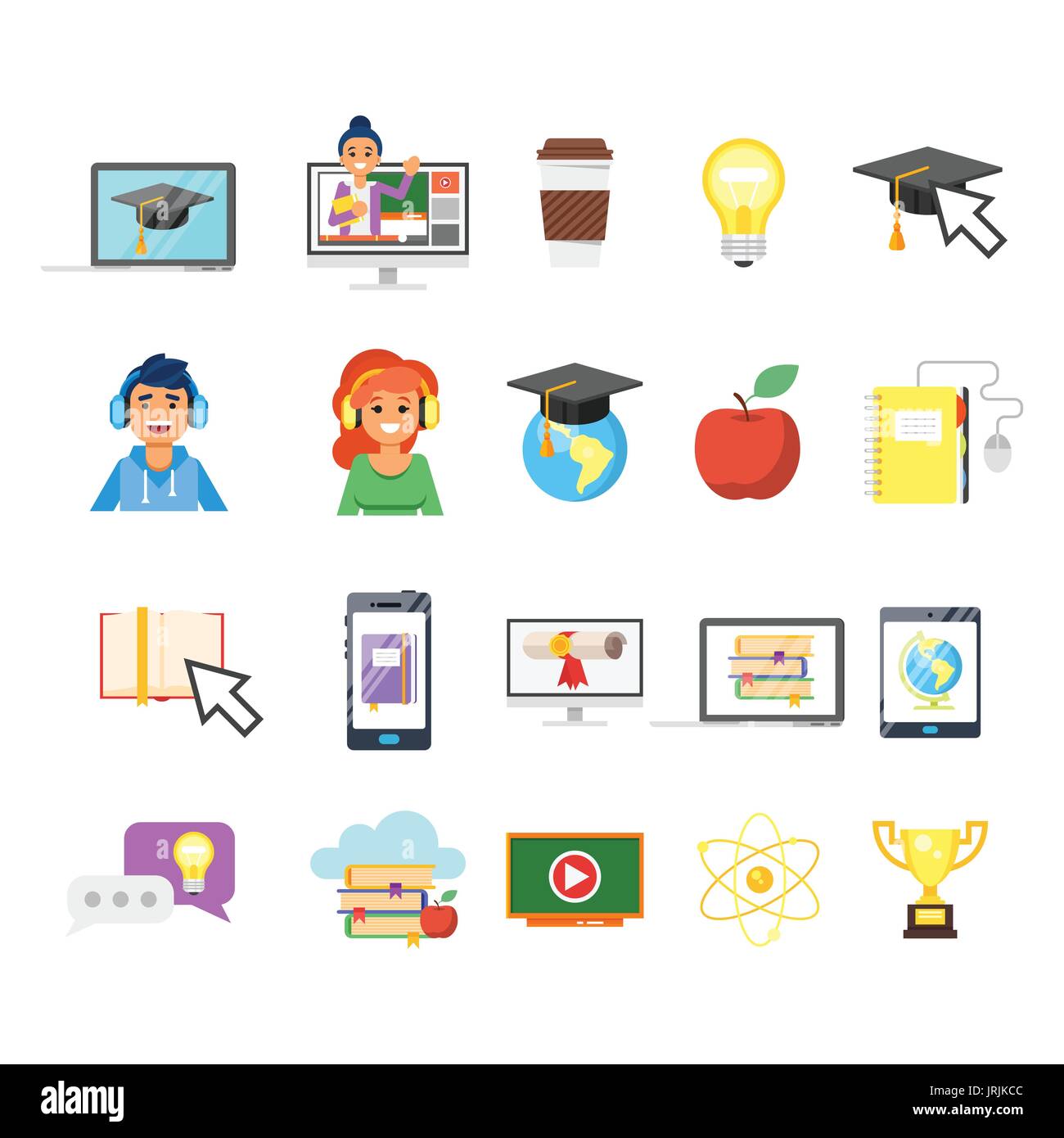 Vektor flachen Stil Online-Bildung und e-Learning-Icons Set. Isoliert auf weißem Hintergrund. Stock Vektor