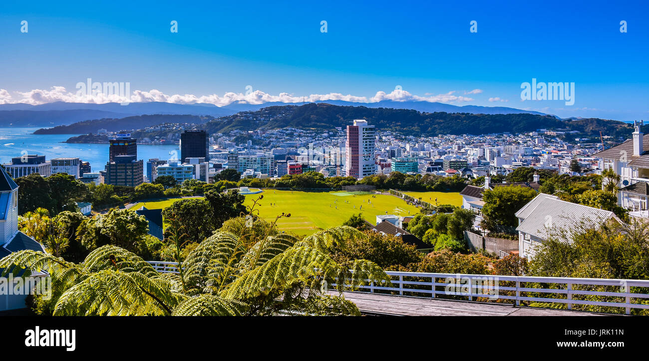 Blick auf Wellington, Neuseeland, Südostasien, wie von kelburn Seilbahn Station gesehen. Stockfoto