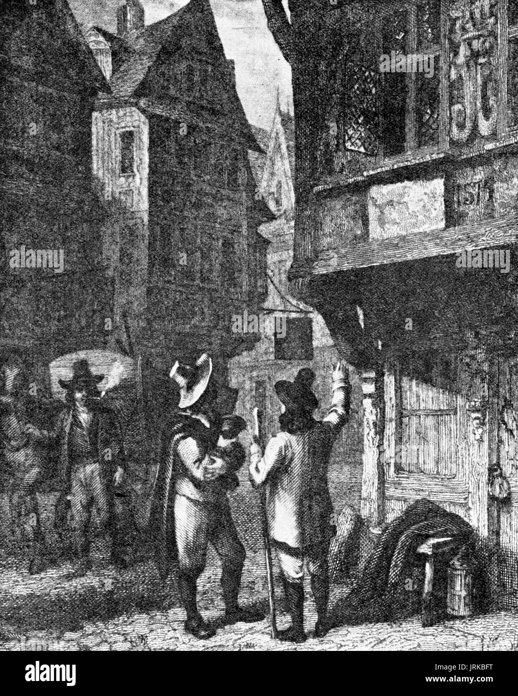 Die 'Dead Warenkorb' Squad aufnehmen Opfer der Pest in London 1665. Ein Wachmann oder Guard steht das Haus der verifizierten Opfer Stockfoto