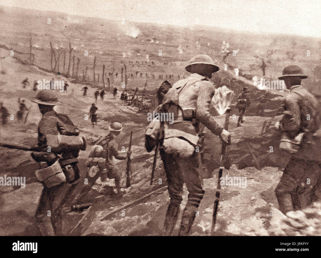 Britische Infanterie in Schlacht von Cambrai 1918 voran Stockfoto