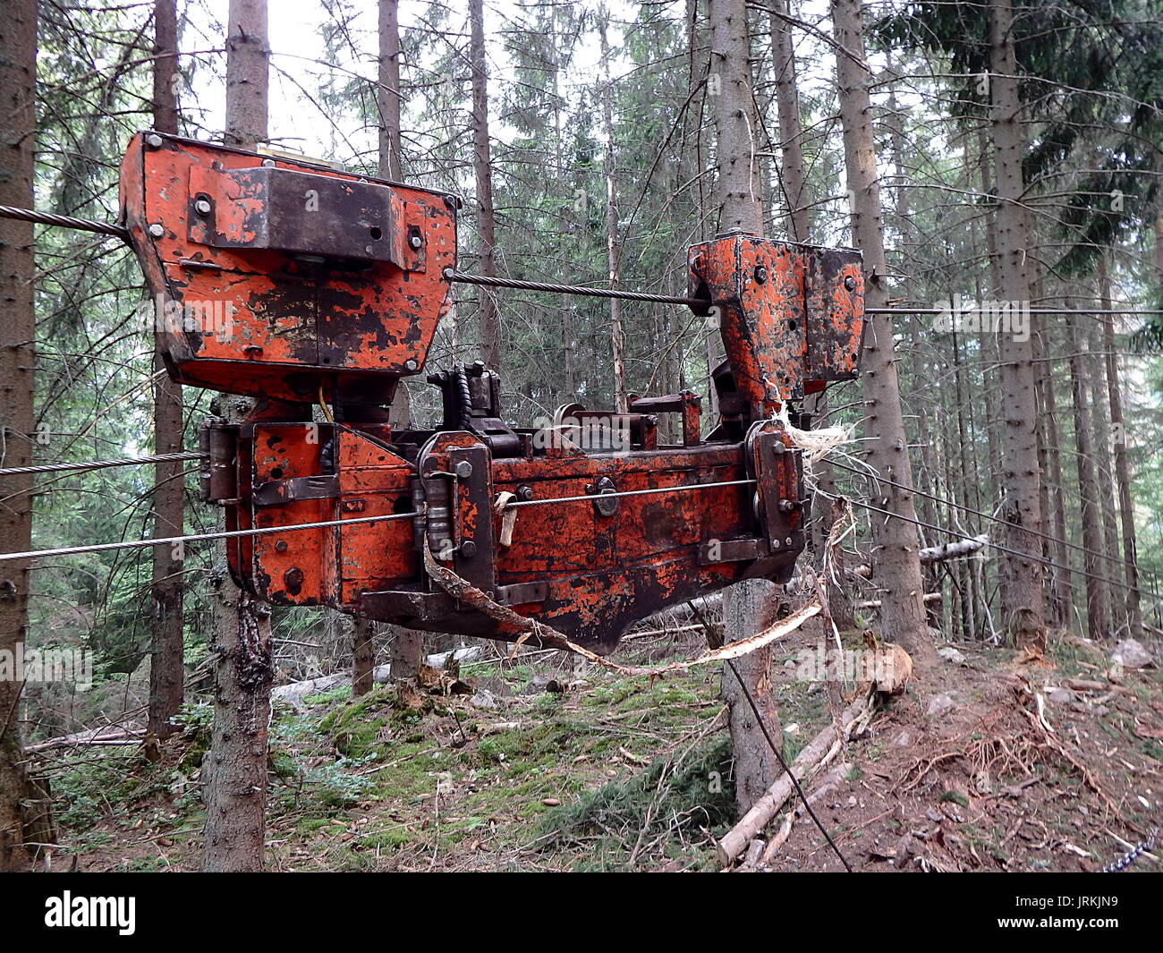 Seilbahn zum Transport von Schnittholz Stockfoto
