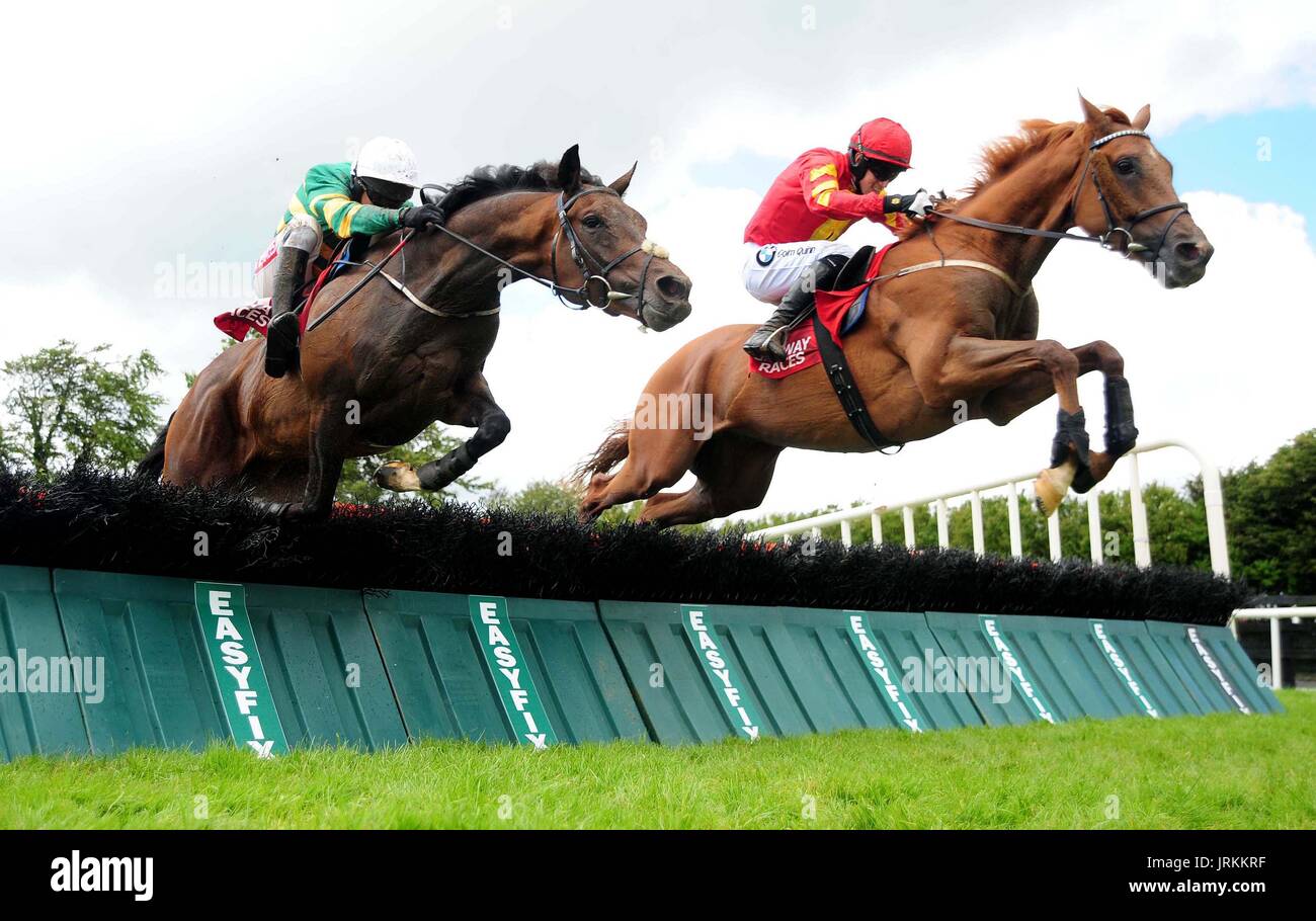 Aydoun und Jockey Bryan Cooper gehen auf Sieg gewinnen O'Leary Versicherungen Maiden Hurdle während Super Samstag des Sommerfestivals Galway in Galway Racecourse. Stockfoto
