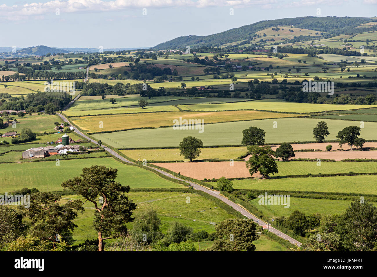 Ausblick auf die Landschaft von Burgruinen, Montgomery, Powys, Wales, Großbritannien Stockfoto