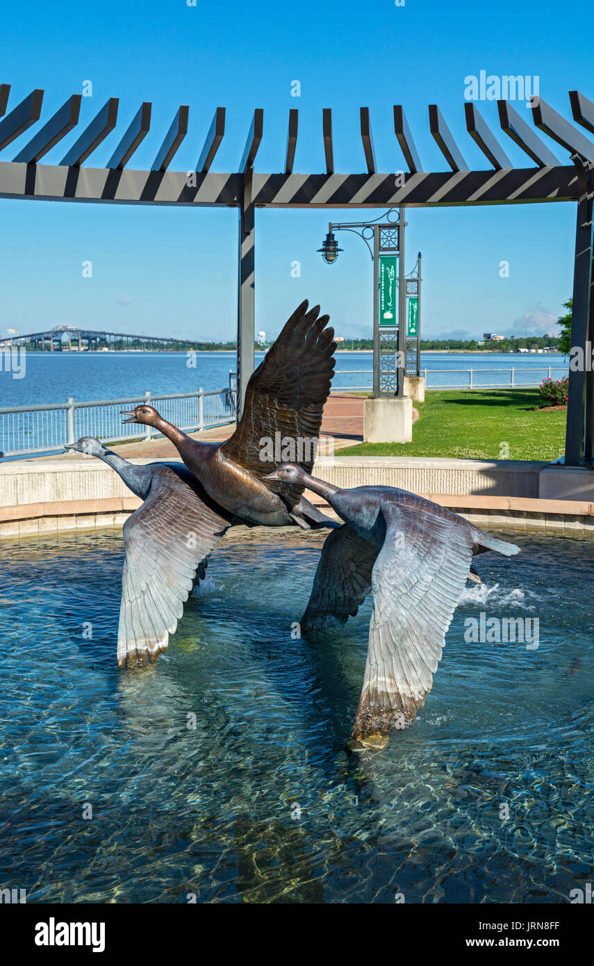 Calcasieu Parish, Louisiana, Lake Charles, Seepromenade, Louisiana Landung Brunnen, Bronze Gänse Skulptur von schwedischen Künstler Kent Ullberg Stockfoto