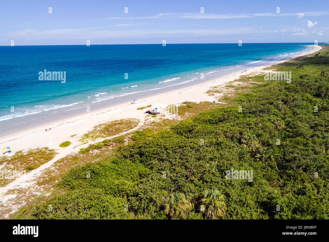 Florida, Fort Ft Pierce, North Hutchinson Barrier Island, Pepper Park Beachside, Strand, Atlantischer Ozean, Sand, Luftaufnahme von oben, FL170728d63 Stockfoto