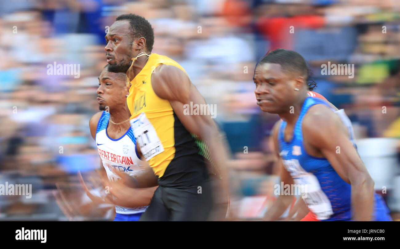 Jamaikas Usain Bolt in Aktion während der Männer 100m Halbfinale beim zweiten Tag der IAAF Weltmeisterschaften 2017 im London Stadium. Stockfoto