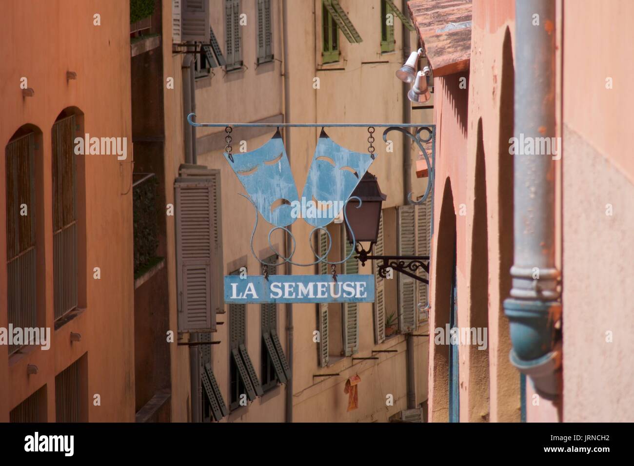 La Semeuse Theaterschild in Gasse, Nizza, Frankreich Stockfoto