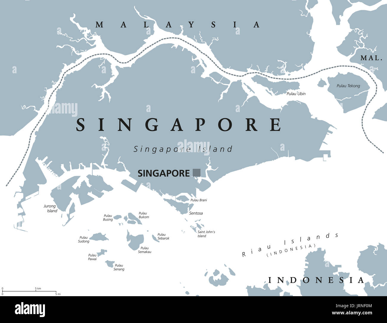 Singapur politische Karte mit englischer Beschriftung. Republik und souveränen Staat in Südostasien. Manchmal Lion's City, Garden City oder kleiner roter Punkt. Stockfoto