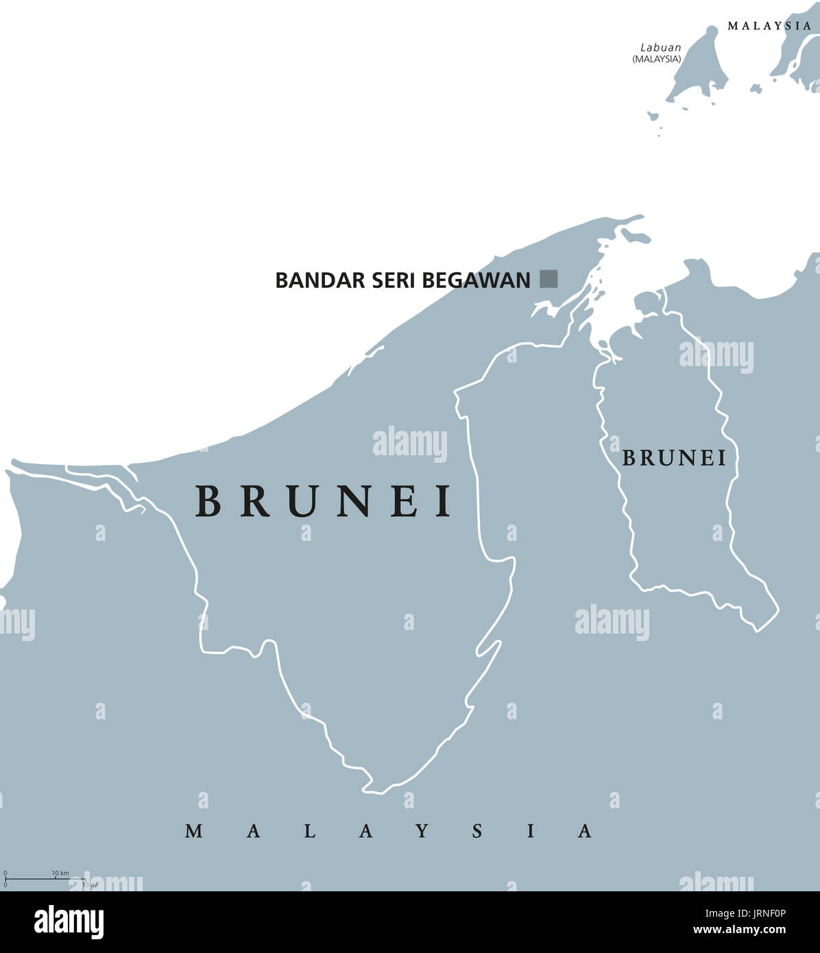 Brunei politische Karte mit Hauptstadt Bandar Seri Begawan. Englischer Beschriftung. Die Nation von Brunei, die Wohnstätte des Friedens. Land in Asien. Abbildung. Stockfoto