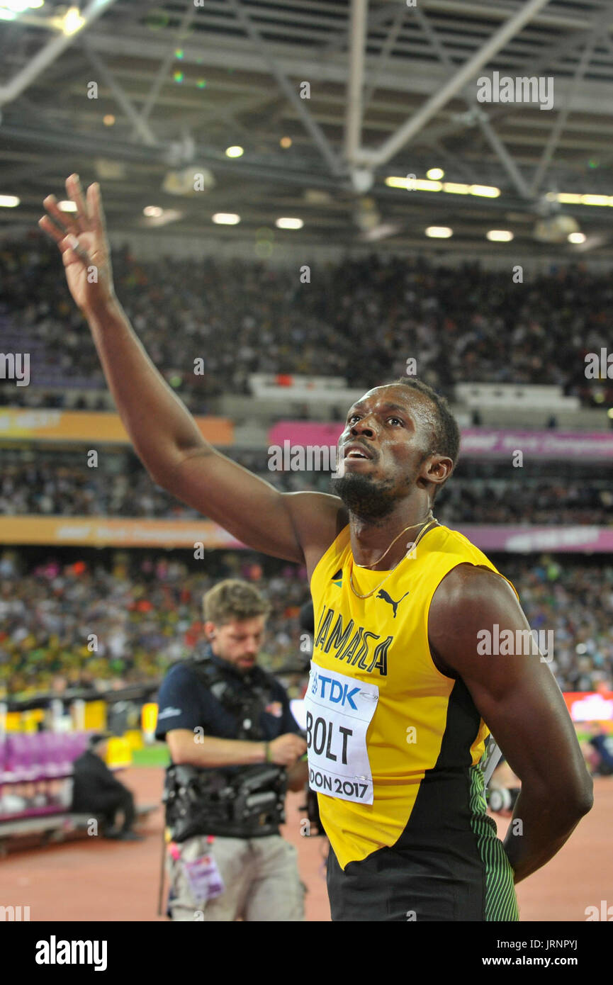 London, UK.  5. August 2017.  Usain Bolt reagiert auf kommen Dritter in die Männer 100m-Finale im Londoner Stadion, am zweiten Tag von der IAAF Weltmeisterschaften London 2017, sein letzte 100m-Rennen.  Ergebnis: 9.92 Gatlin, Coleman, 9,94, Schraube 9.95.  Bildnachweis: Stephen Chung / Alamy Live News Stockfoto