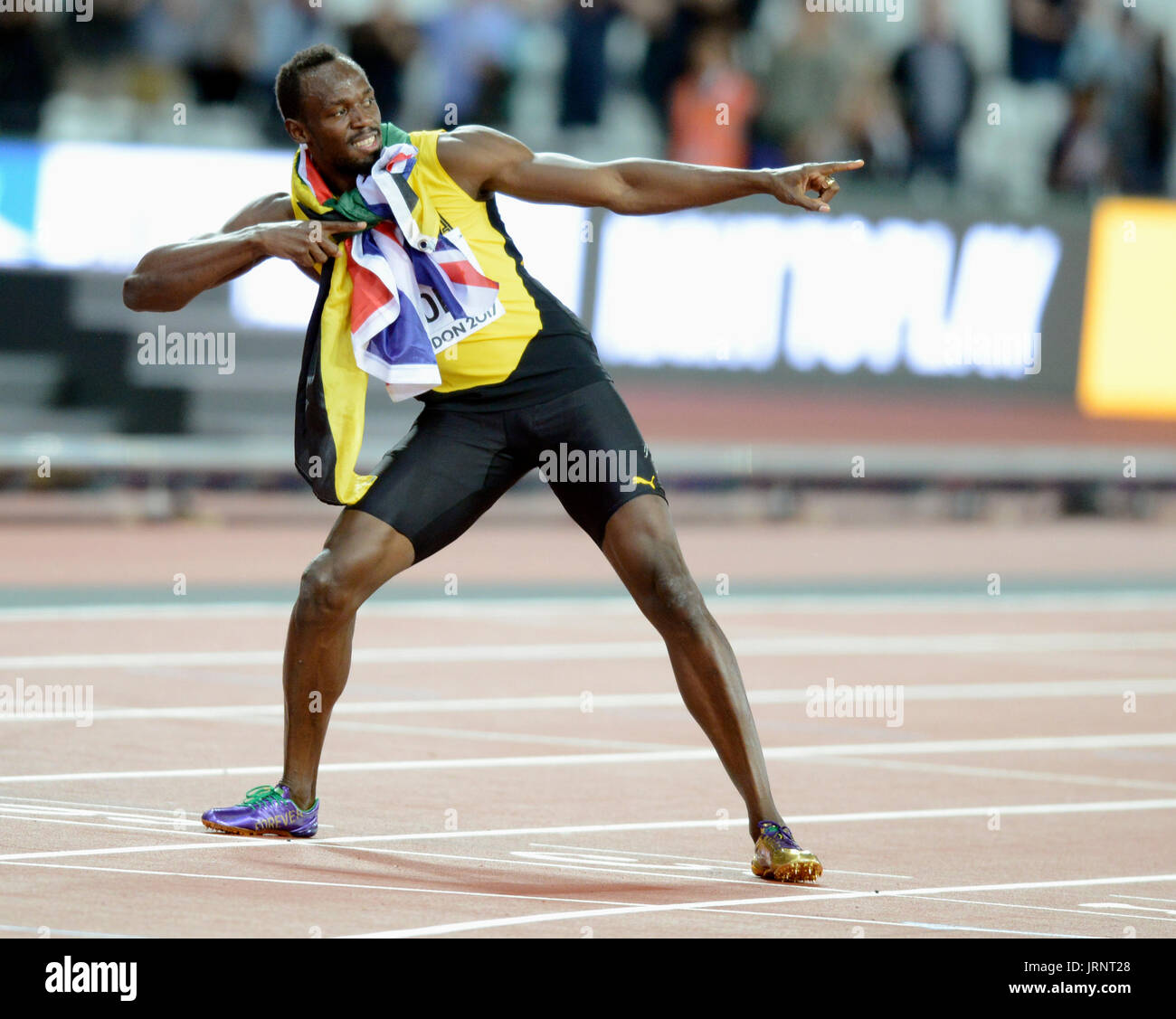 London, UK. 5. August 2017. Justin Gatlin (USA) gewinnt den Wettbewerb über die Lieblings Usain Bolt (JAM) an die IAAF Leichtathletik Weltmeisterschaften - London 2017 Credit: Mariano Garcia/Alamy Live News Stockfoto