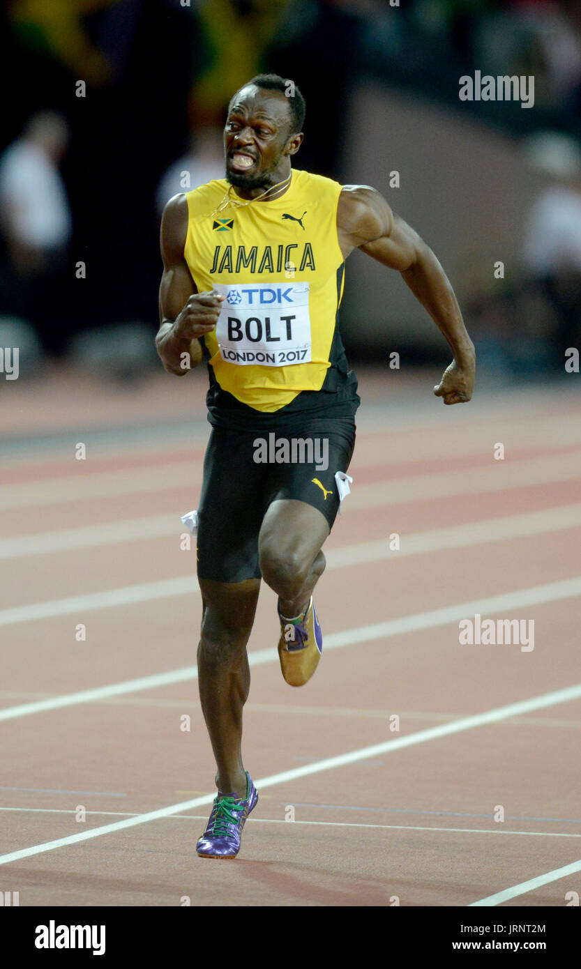 London, UK. 5. August 2017. Justin Gatlin (USA) gewinnt den Wettbewerb über die Lieblings Usain Bolt (JAM) an die IAAF Leichtathletik Weltmeisterschaften - London 2017 Credit: Mariano Garcia/Alamy Live News Stockfoto