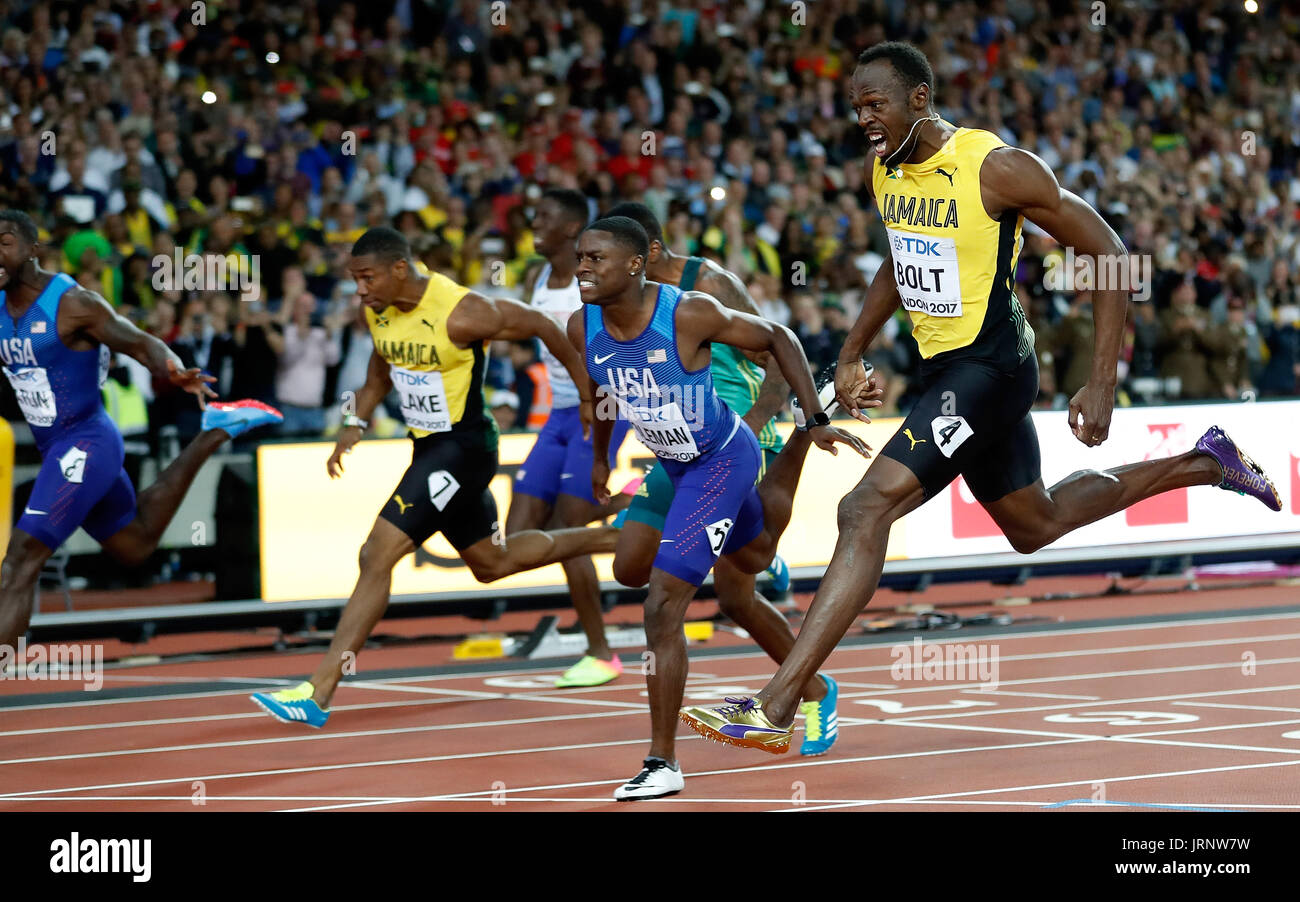 London, Großbritannien. 5. August 2017. Jamaikaner Usain Bolt (1. R) sprintet, während Männer 100m Finale am 2. Tag der IAAF Weltmeisterschaften 2017 London Stadium in London, Großbritannien, am 5. August 2017. Usain Bolt nahm die Bronzemedaille mit 9,95 Sekunden. Bildnachweis: Wang Lili/Xinhua/Alamy Live-Nachrichten Stockfoto