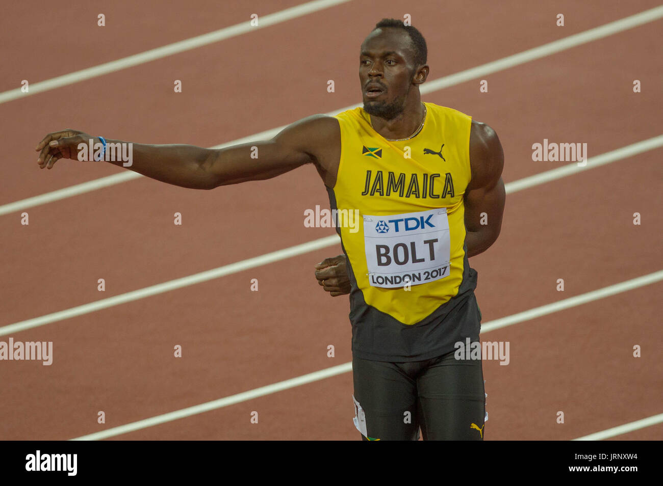 London, UK. 5. August 2017. König Usain Bolt bei der 6. 100m-Serie bei den IAAF World Championships in 2017, Queen Elizabeth Olympic Park, Stratford, London, UK-Credit: Laurent Lairys/Agence Locevaphotos/Alamy Live News Stockfoto