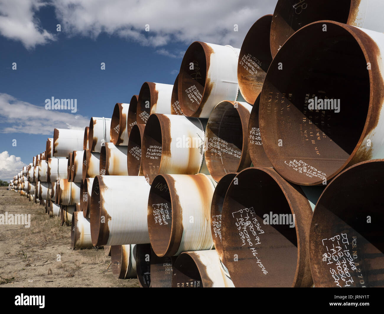 Shaunavon, Saskatchewan, Kanada. 26. August 2016. Stapel von gespeicherten 36-Zoll-Rohrleitung Rohr. Bildnachweis: Bayne Stanley/ZUMA Draht/Alamy Live-Nachrichten Stockfoto