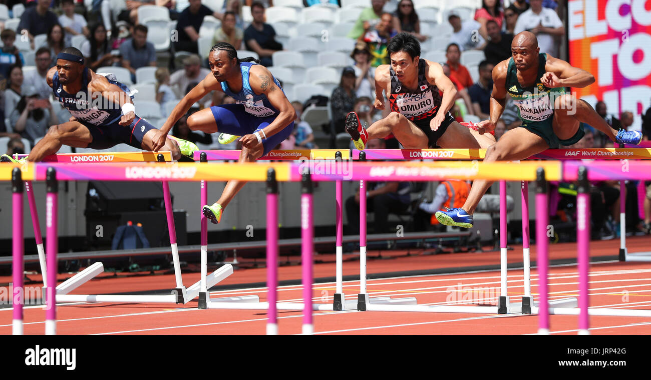 (170806)--LONDON, 6. August 2017--Widder Merritt(2nd L) der Vereinigten Staaten konkurriert während die Männer 110 m Hürden Vorläufe Match bei den IAAF Weltmeisterschaften 2017 in London, Großbritannien am 6. August 2017. (Xinhua/Han Yan) Stockfoto