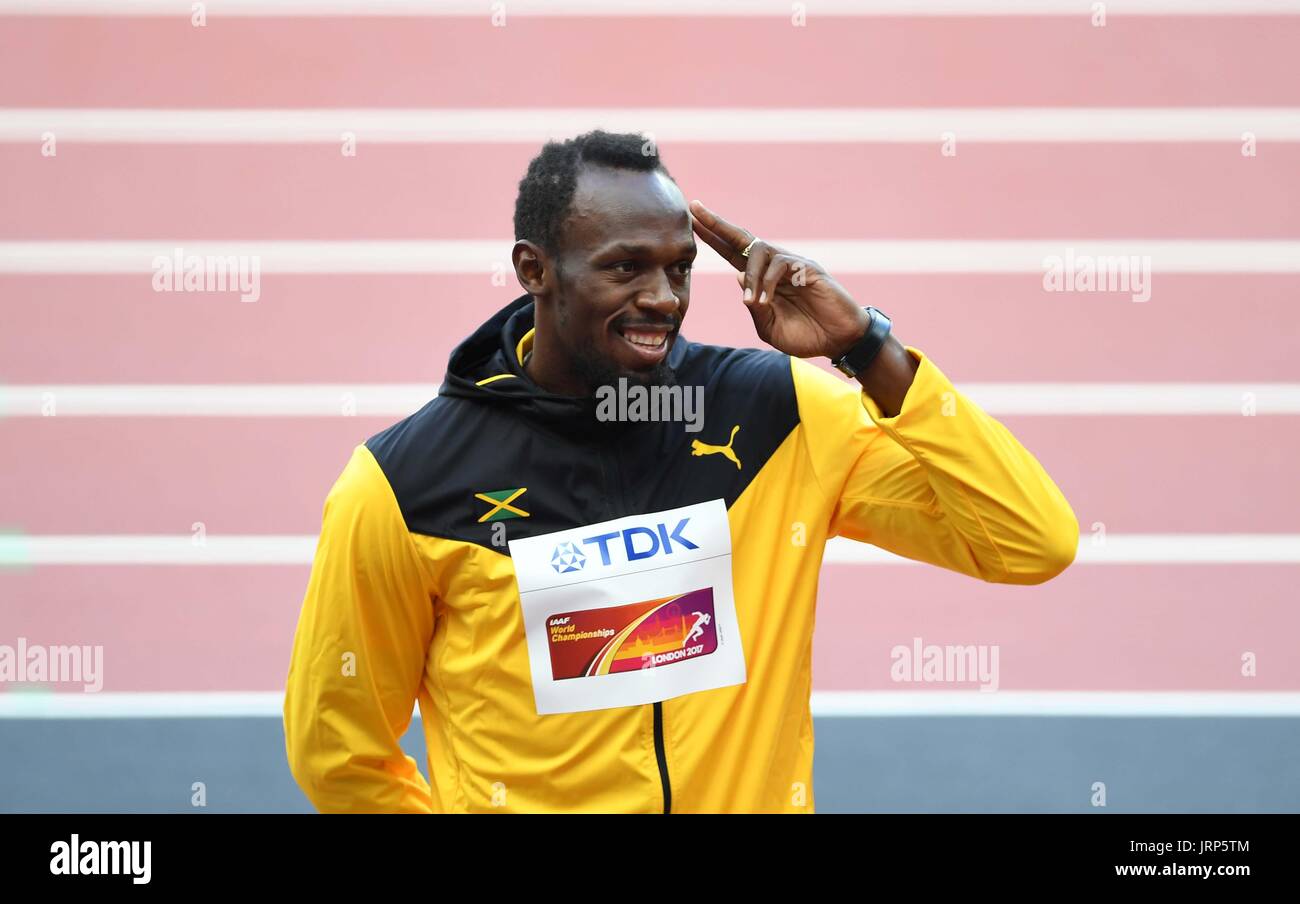 London, UK. 6. August 2017. Usain Bolt (JAM) begrüßt das Publikum. Medaille Zeremonie Podium. IAAF Leichtathletik-Weltmeisterschaften. London-Olympia-Stadion. Queen Elizabeth Olympic Park. Stratford. London. VEREINIGTES KÖNIGREICH. 08.06.2017. Bildnachweis: Sport In Bilder/Alamy Live-Nachrichten Stockfoto