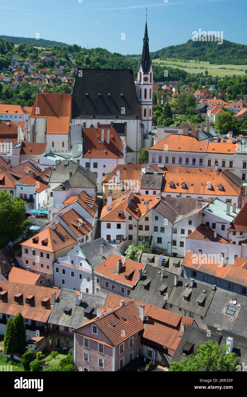 Blick von der Burg Turm, Cesky Krumlov, Tschechische Republik Stockfoto