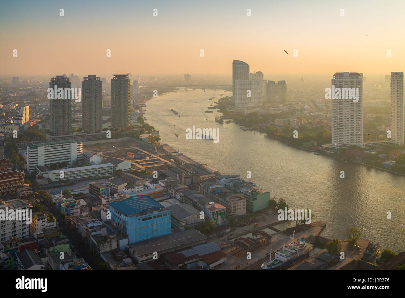 Landschaft des Flusses in die Stadt Bangkok bei Nacht mit Vogel anzeigen Stockfoto