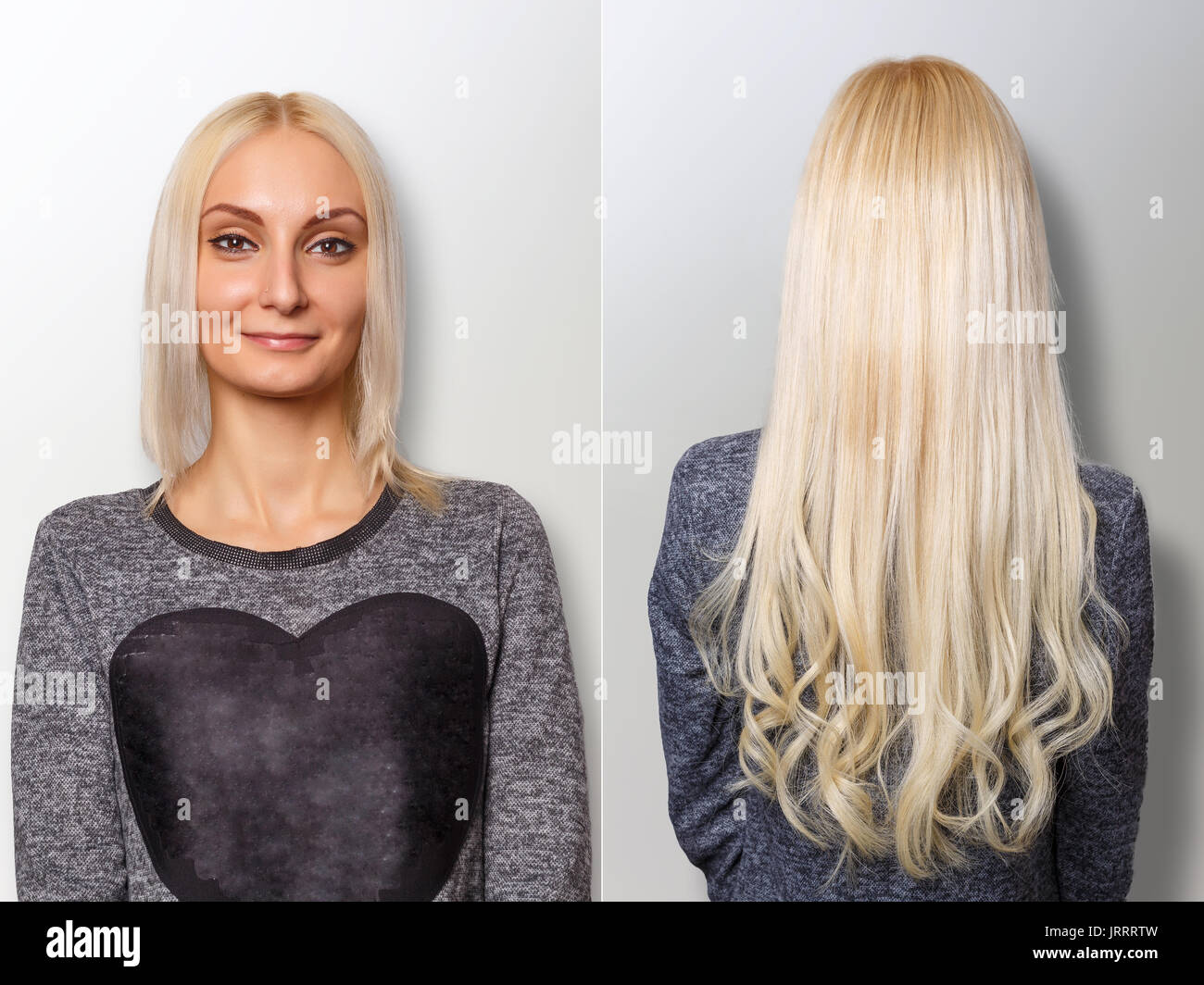 Haar-Extensions-Verfahren. Haare vor und nach. Stockfoto