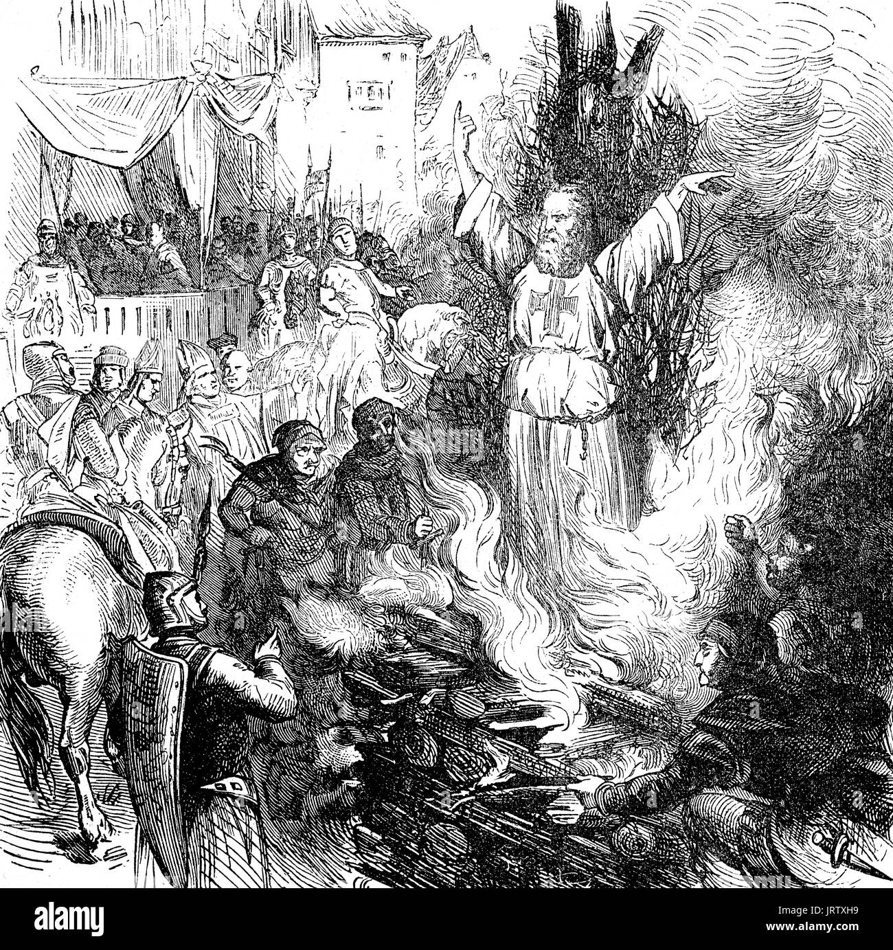 Der Verbrennung auf dem Scheiterhaufen, Jacques de Molay, C. 1243 - 18 März 1314, war der 23. und letzten Großmeister des Templerordens Stockfoto