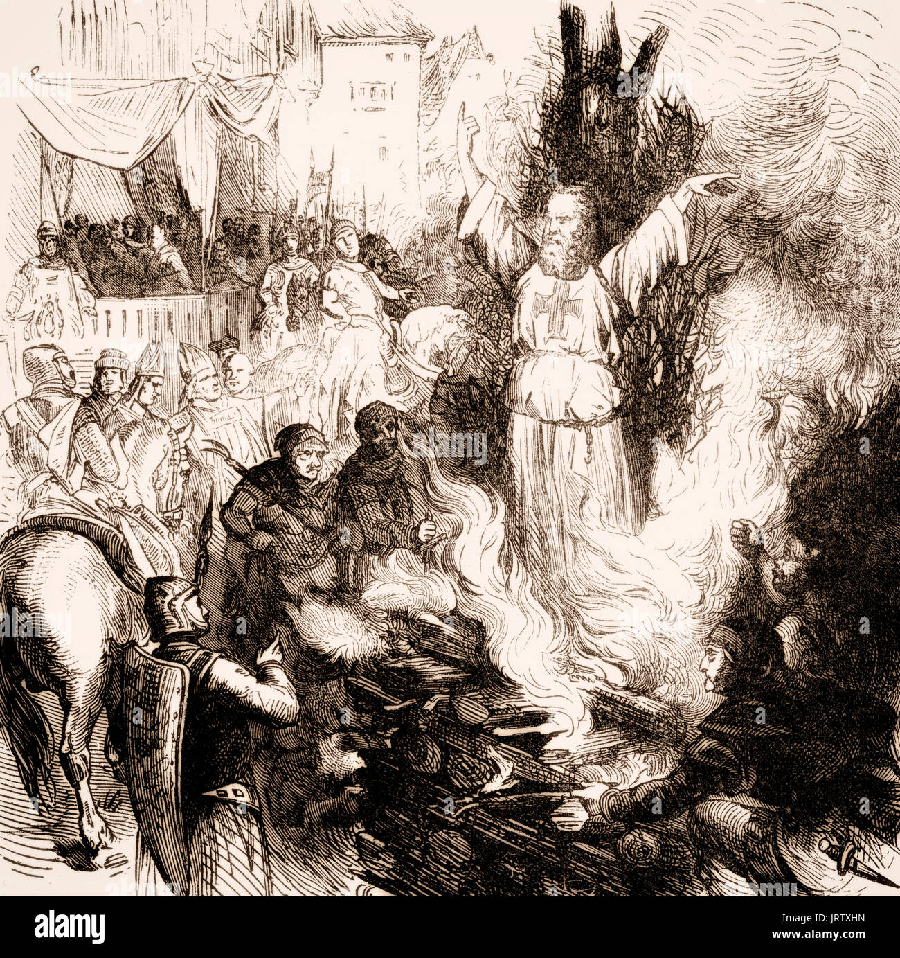 Der Verbrennung auf dem Scheiterhaufen, Jacques de Molay, C. 1243 - 18 März 1314, war der 23. und letzten Großmeister des Templerordens Stockfoto