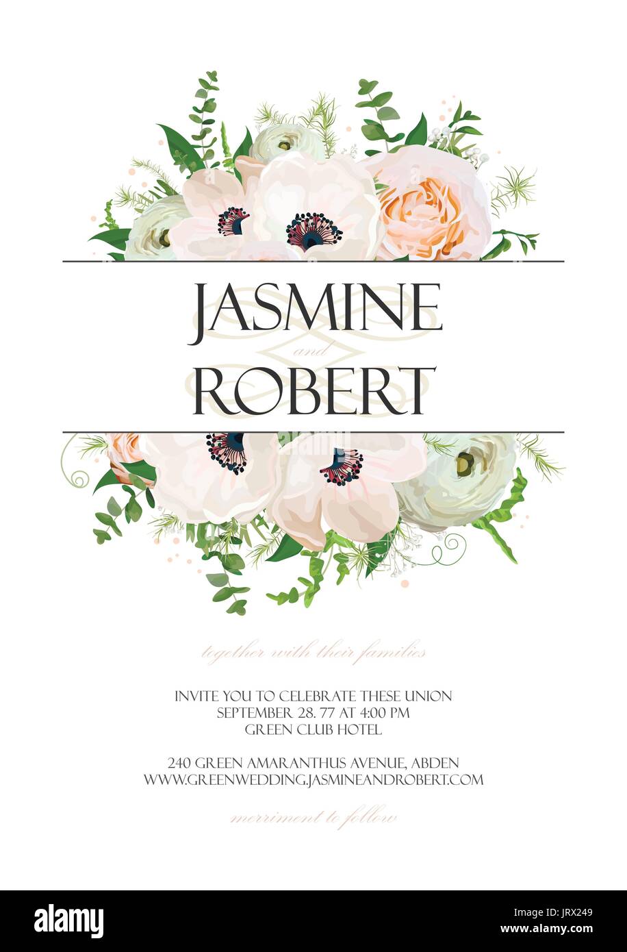 Hochzeitseinladung, laden Sie Karte Design mit Rose Anemone Ranunculus Blume Kraut Pflanze Strauß Flügelrahmen, Grenze Krone. Vektor-Jubiläum floral Bota Stock Vektor